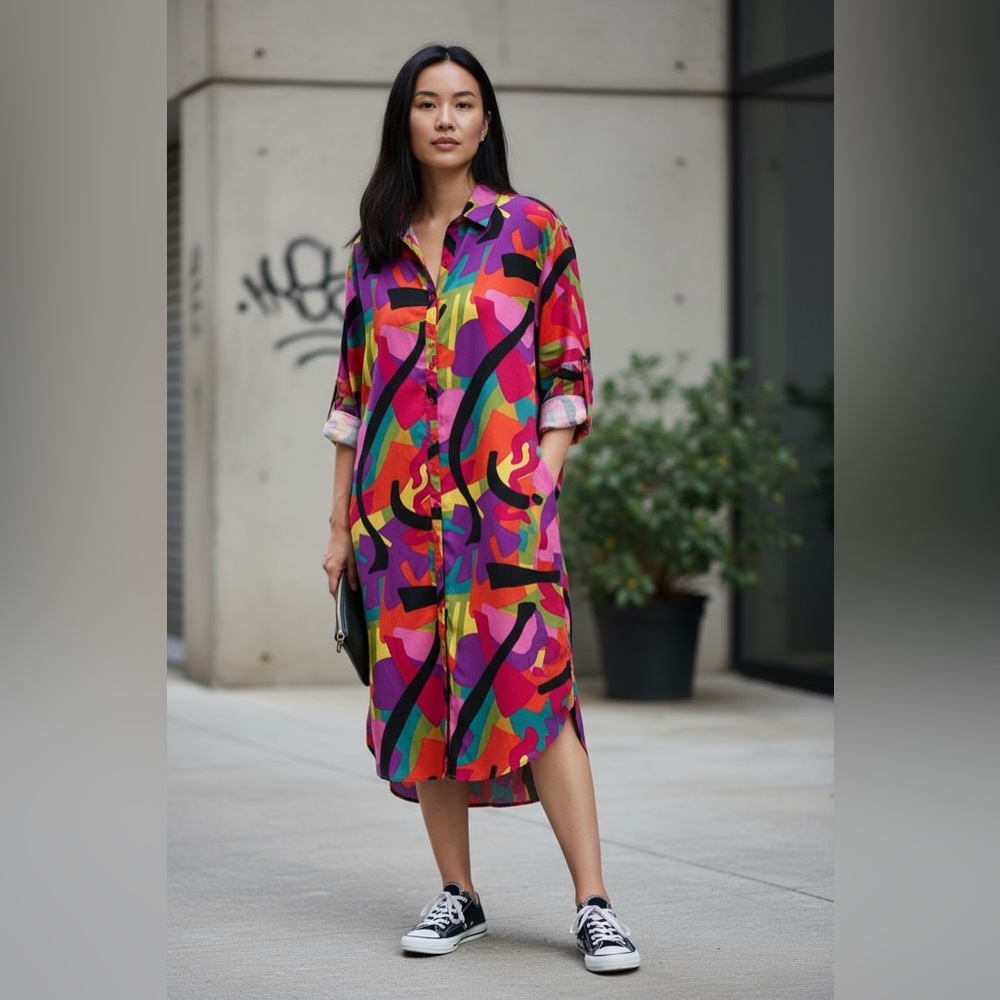 Life 4 Truth Women Multicolored Dress Long sleeve Button Up Collar Size S